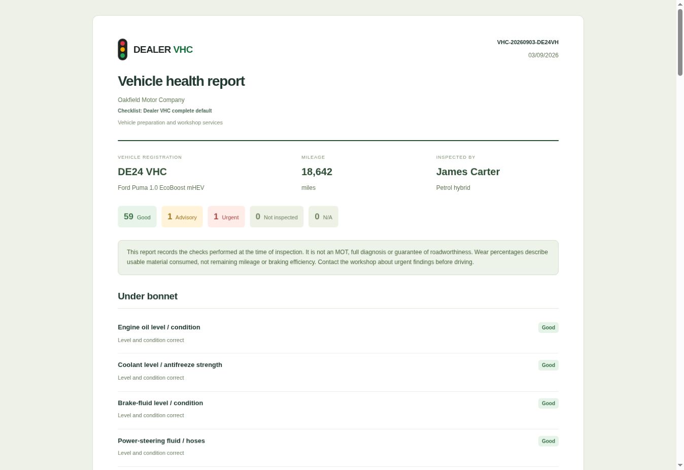 Real Dealer VHC vehicle health report screen showing DE24 VHC with good, advisory and urgent inspection results